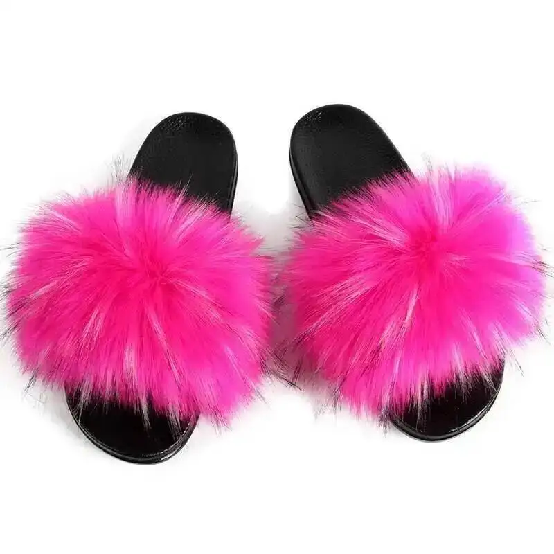 Summer Faux Fur Slippers Fuzzy Fur Slides For Women Fluffy Sandals Indoor Outdoor Ladies Shoes Woman Slipper Furry Flip Flops