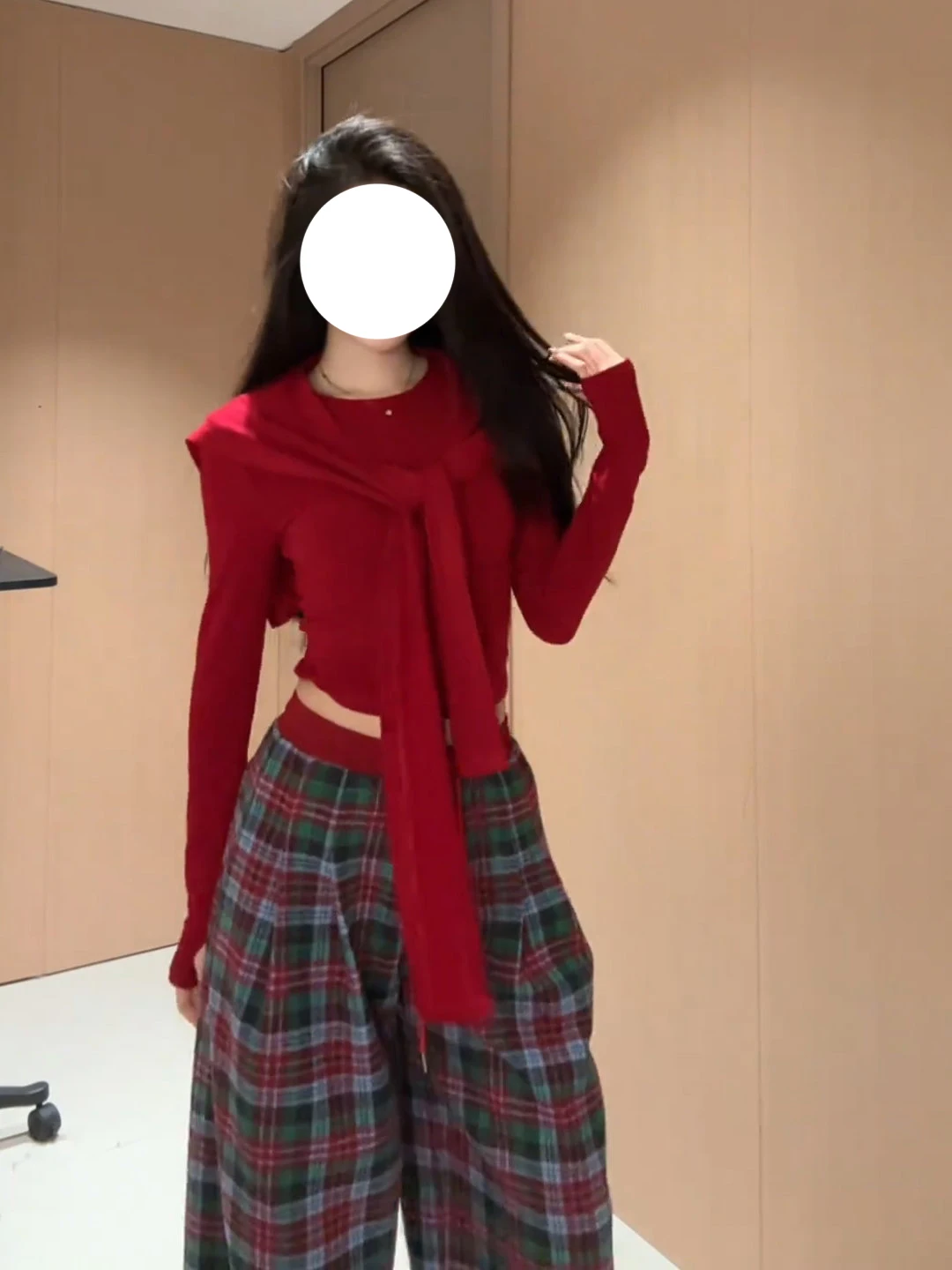 

Red Knitted awl Long Sve High Waist Slim Fit Plaid Wide Leg Pants Two Piece Set for Women Cisas Autumn Winter Faion