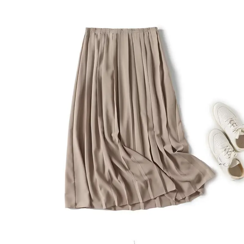 

Dave&Di French Office Ladies Elegant Champagne Colored Pleated Skirt Women Skirt Minimalist Woman Clothing Faldas Skirts
