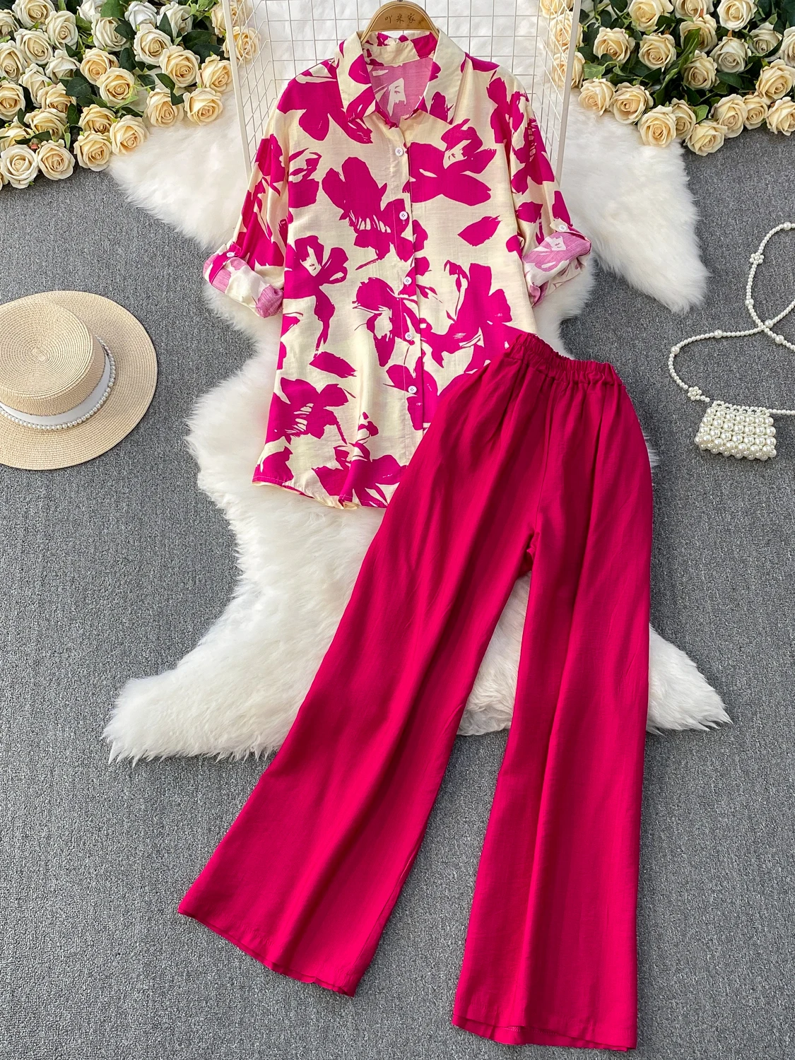 

2025 New Loose Casual Printed irt + High Waist Slim Wide Leg Pants Two Piece Set Sun Protection Collar oulder Sve
