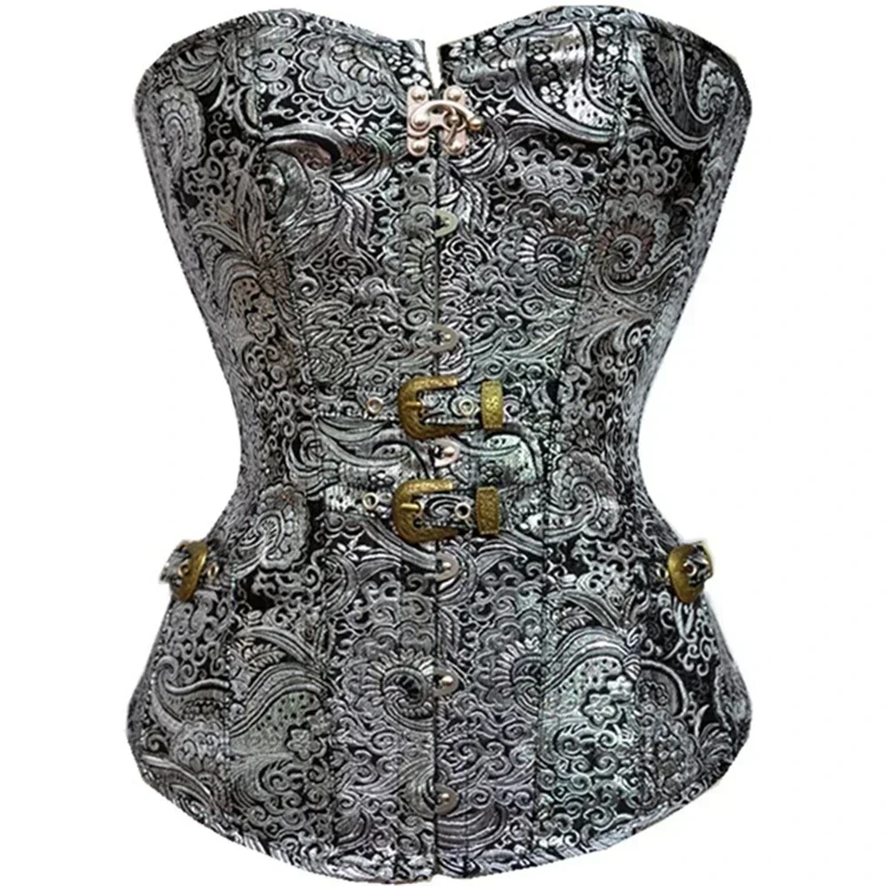 Women's Corset Steampunk Body Shapewear Silver Vintage Gothic Bodice Bustier Overbust Burlesque Goth Waist Lace-up Corselet