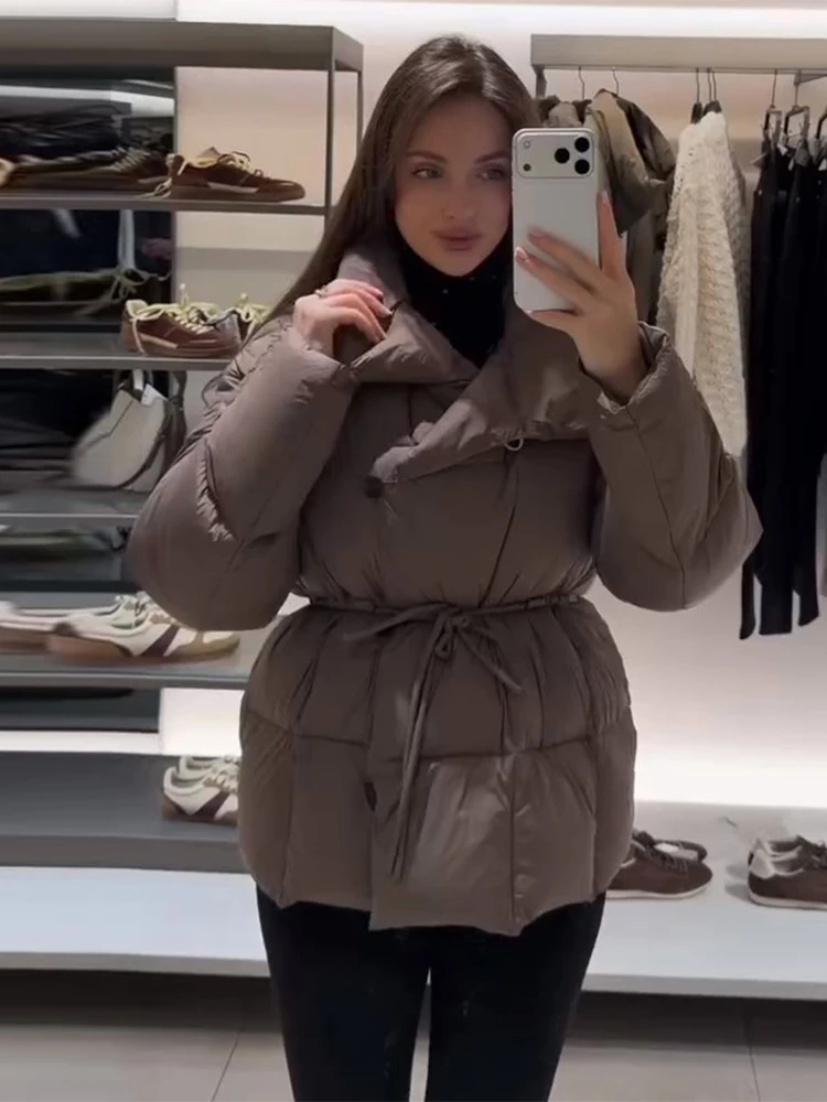 Solid Women's Coat Stand Collar Single Breasted Belt Lace Up Loose Female Cotton Padded Coats 2025 Autumn Fashion Lady Outwear