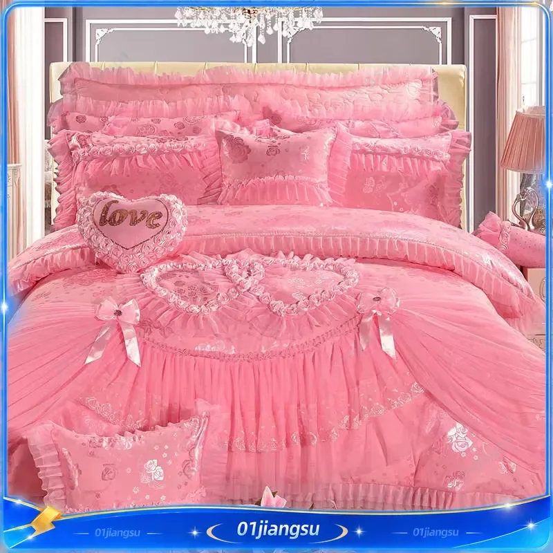Luxury Pink Heart Shaped Lace Princess Wedding Bedding Set Jacquard Satin Duvet Cover Cotton Bed Sheet Pillowcase Home