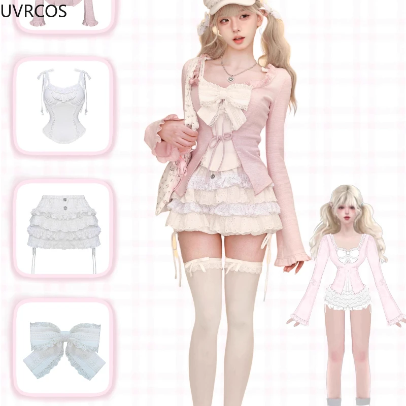 Pink Sweet Lolita Lace Up Ruffles Cardigan+ Sexy Slim Bow Vest Top+ High Waist Kawaii Ruched Skirt Early Autumn Three Piece Sets