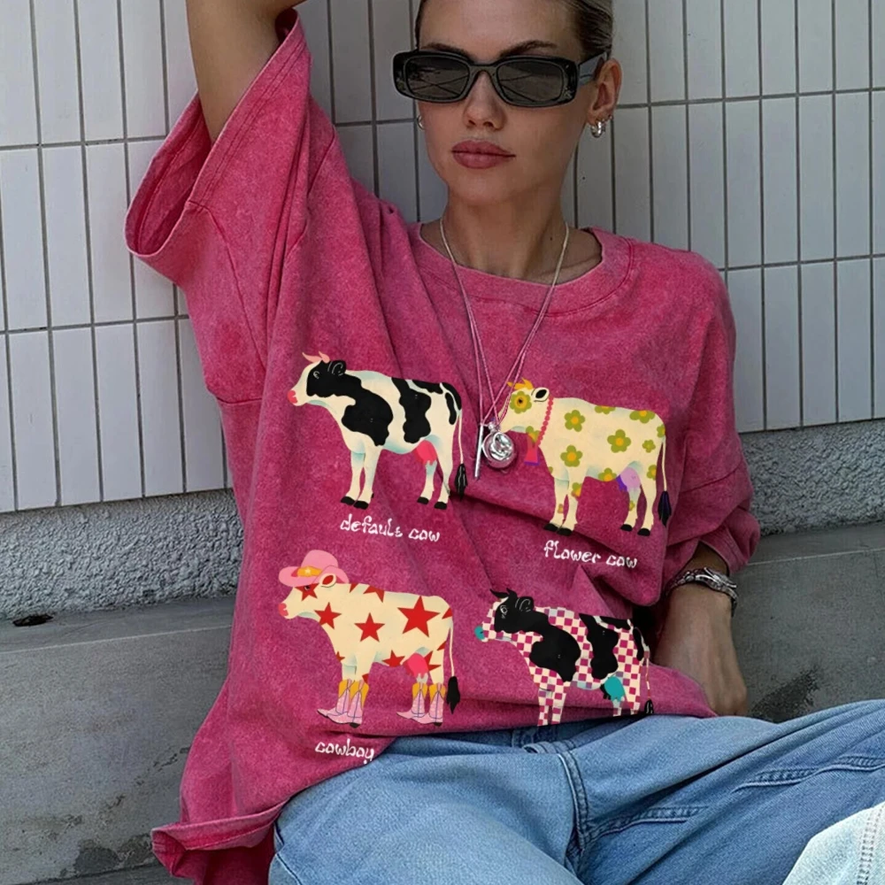 Cute Cartoon Cow Graphic T-Shirt Unisex Top Casual Loose Washed Denim Y2k Style Trendy Hip-Hop Clothing Cotton Short Sleeves image 4