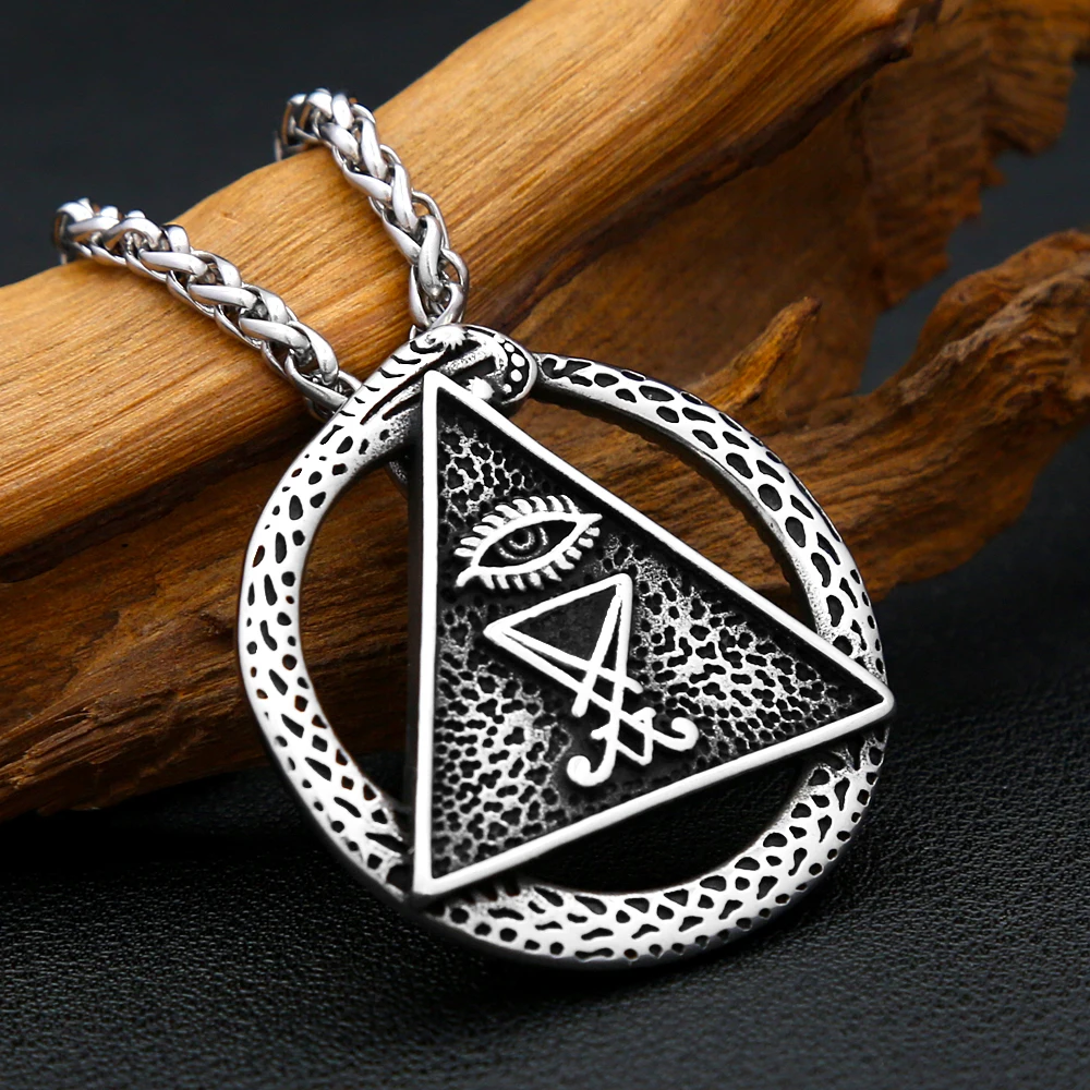 Vintage Stainless Steel Lucifer Devil Eye Necklaces For Men Ouroboros Snake Amulet Pendant Necklace Hip Hop Biker Jewelry Gift