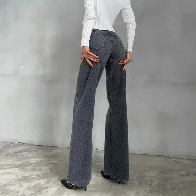 Jean Évasé Taille Haute Imprimé Léopard Américain pour Femme, Pantalon Droit Délavé, Style Rétro StreetChester, Nouvelle Collection Printemps 2024, Y2K