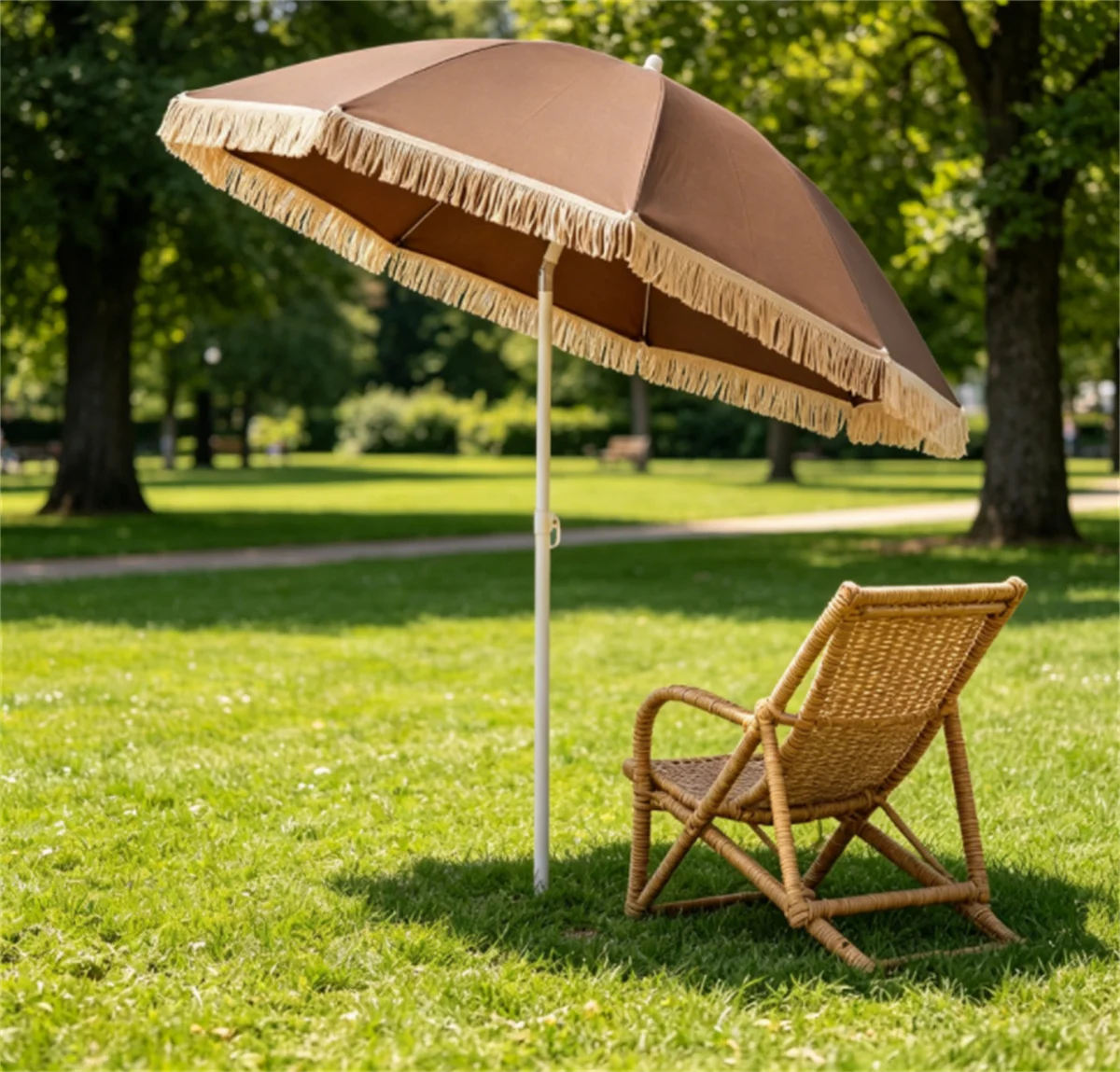 

7FT Boho Fringe Beach Umbrella 30° Tilt Adjustable Portable Metal Pole