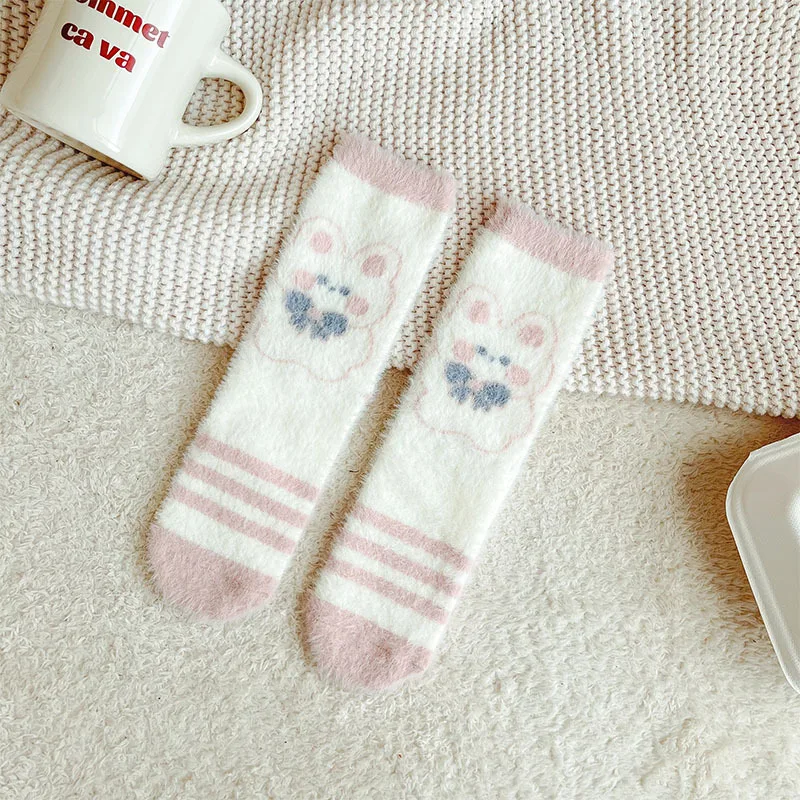 Sweet Pink Rabbits Bowknot Imitation Mink Socks Winter Plush Warm Home Sleeping Socks Ins Japanese Cartoon Cute Furry Tube Socks