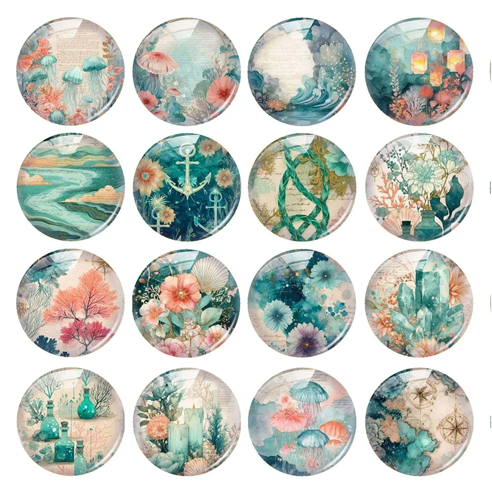 Random Mixed Round/Oval/Square Aqua Ocean Secret Nautical Compass Photo Glass Cabochon Flatback Demo Cameo Diy Jewelry Making