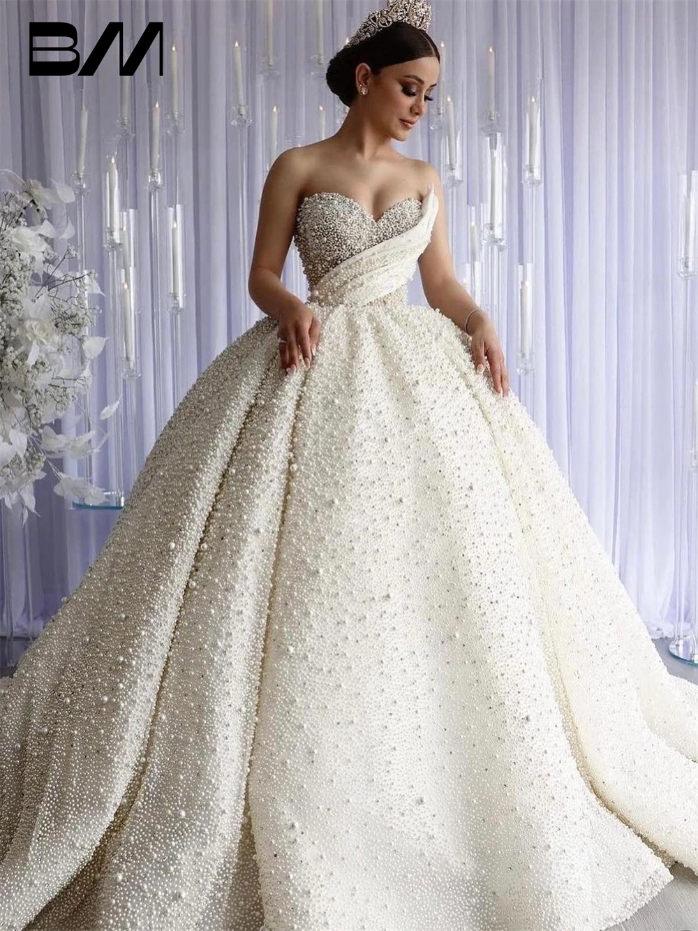 Luxury Pearls Ballgown Bride Dresses Strapless Bridal Gown Sweetheart Vestidos De Novia Robe De Mariée Abito Da Sposa