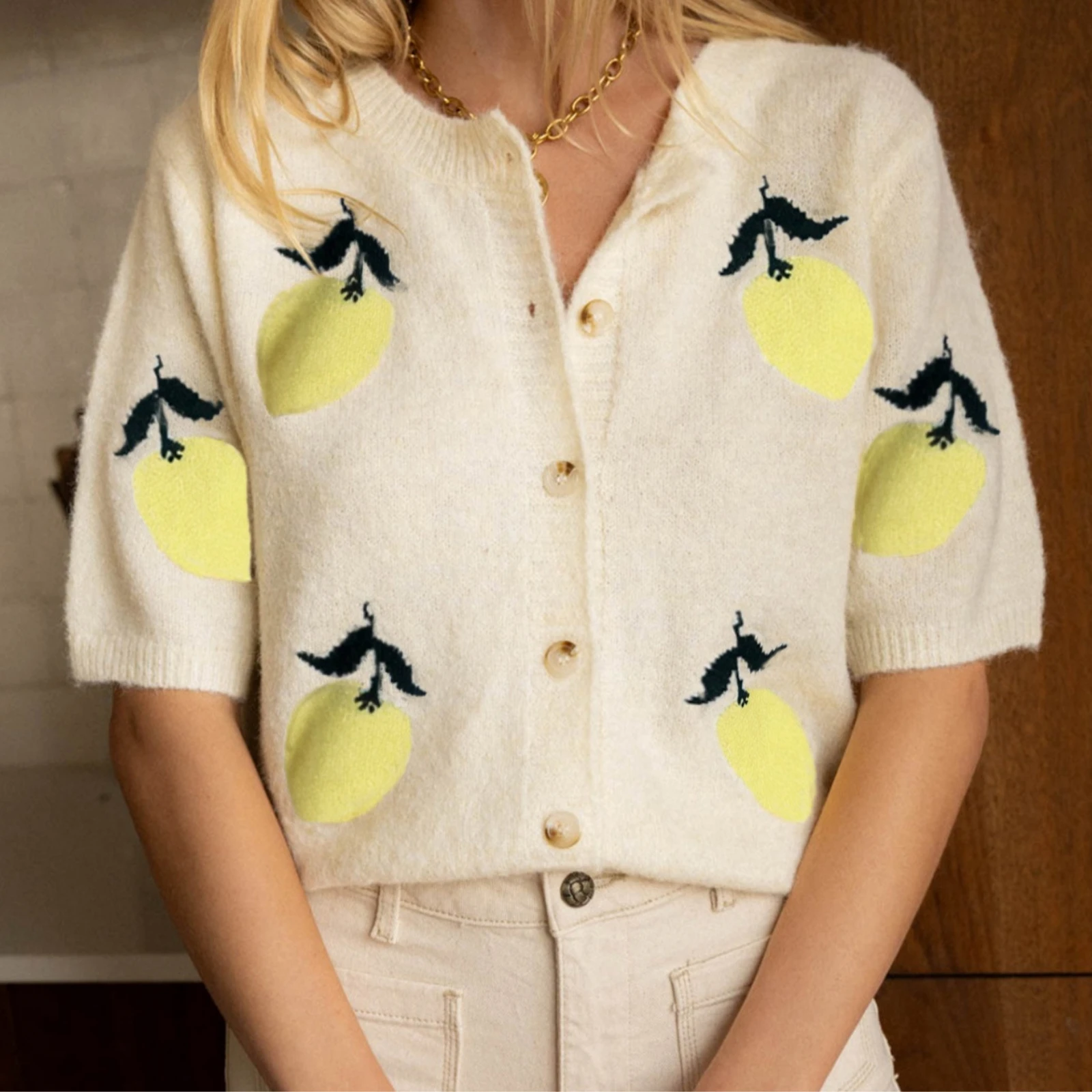 

Casual knit cardigan womens short sleeve button front sweater vintage cat print loose fit cute lemon design topsn