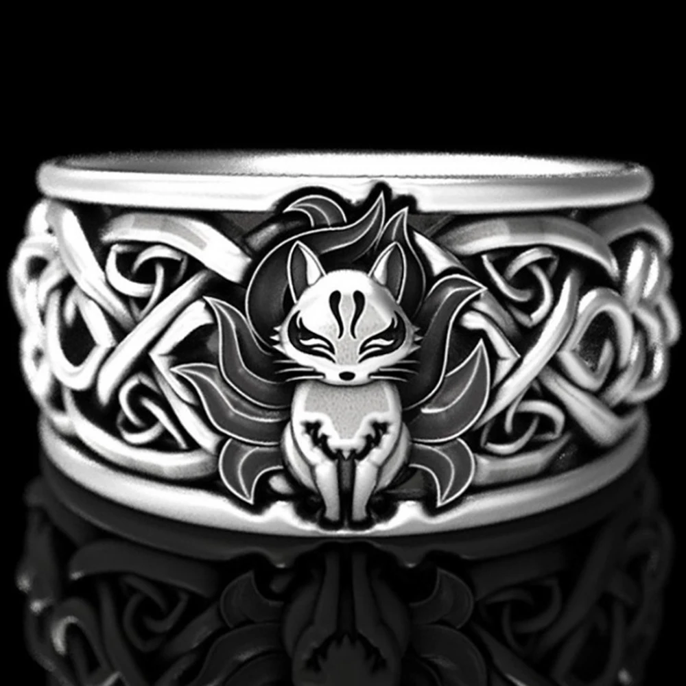 Retro Animal Nine-Tailed Fox Ring Mythology Pattern Alloy Material Men's Accessories and Women Fashion Jewelry Gifts