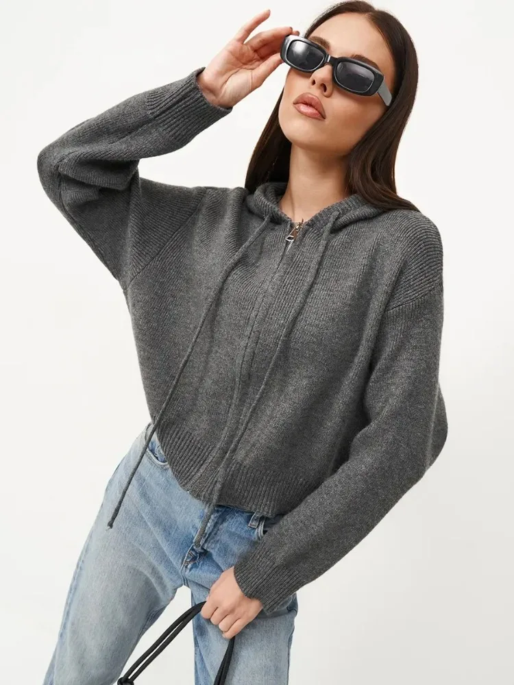 

Women's Sweater Jackets Zipper Autumn Winter Short Cardigan Crop Top Solid Gray Blue Thicken Warm Knitted Hooded Jacket Women