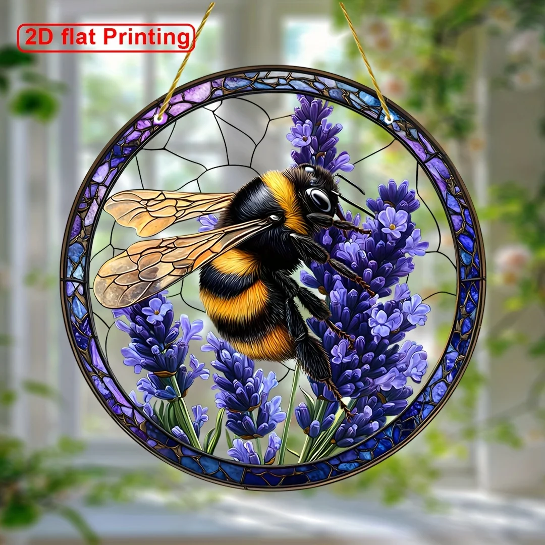 Acrylic Painting Charming Bumblebee on Fragrant Purple Lavender Flowers Stained Glass Style 2D Flat Round Window Hanging Ornamen