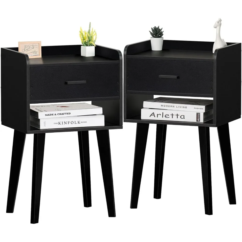 مجموعة منضدة Lerliuo باللون الأسود مكونة من 2، طاولة جانبية للسرير حديثة مع درج، طاولة نهاية خشبية للمساحة الصغيرة، حامل ليلي لغرفة النوم/Li