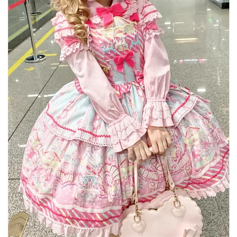 JSK الحلو لوليتا فستان لطيف Kawaii القوس الكرتون المطبوعة فساتين الأميرة قصيرة الأكمام قميص KC اكسسوارات مجموعات للنساء الزي