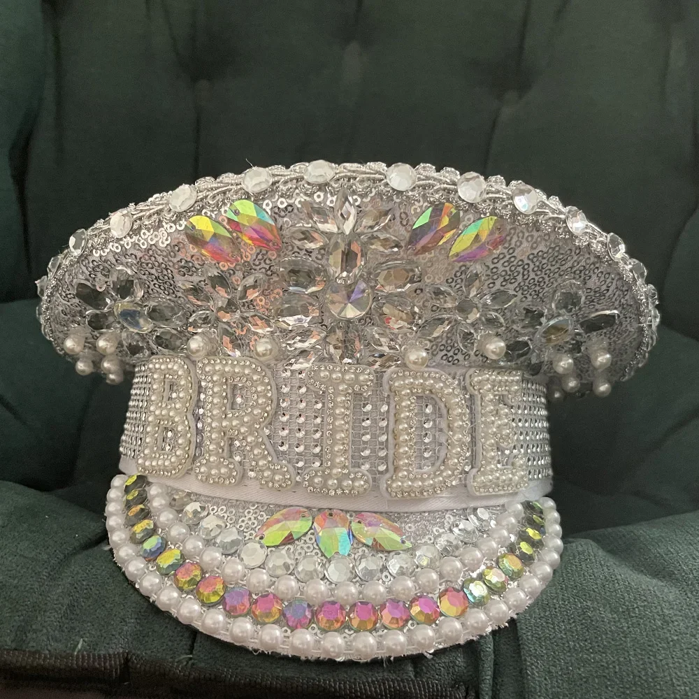 Women Sequin Burning Bride Military Hat  Silver Captain Sergeant Hat Rhinestone Bride Festival Birthday Octagonal Part Hat