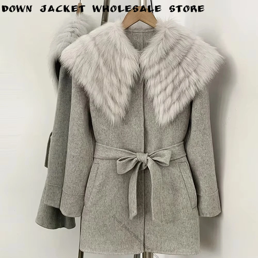 Elegant Fur Coat Belted Wool Coat Women Long Thick Double Face Outerwear Premium Fur Winter Fashion Warm Layer for Office Wear