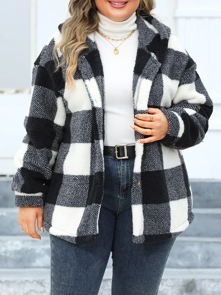 GIBSIE Plus Size Winter Plaid Coat Women New Autumn Single Breasted Hooded Jacket Woman Casual Long Sleeve Thick Warm Outerwear