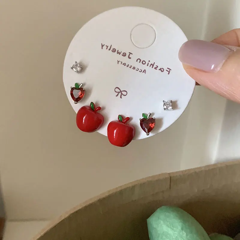 مينار لطيف جميل 3 زوج/مجموعة المينا الحمراء تشيكوسلوفاكيا مكعب زركونيا القلب التفاح محاكاة الفاكهة وأقراط للنساء مجوهرات عادية #1