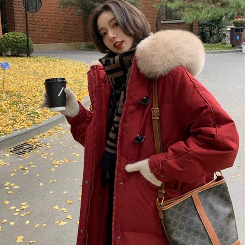 

2025 Fashion Casual Down Cotton Jacket New Autumn Winter Korean Version Large Fur Collar Hooded Warm Thick Padded Parkas