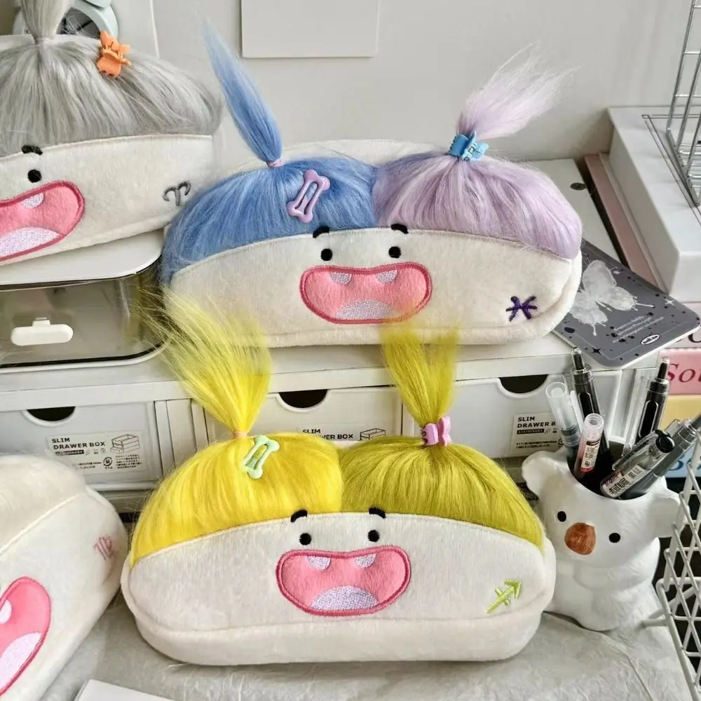 DIY Rambut Halus Rambut Afro Boneka Pena Tas Ritsleting Kawaii Tempat Pensil Lucu Kapasitas Besar Lembut Tas Pena Mewah Hadiah Anak-anak