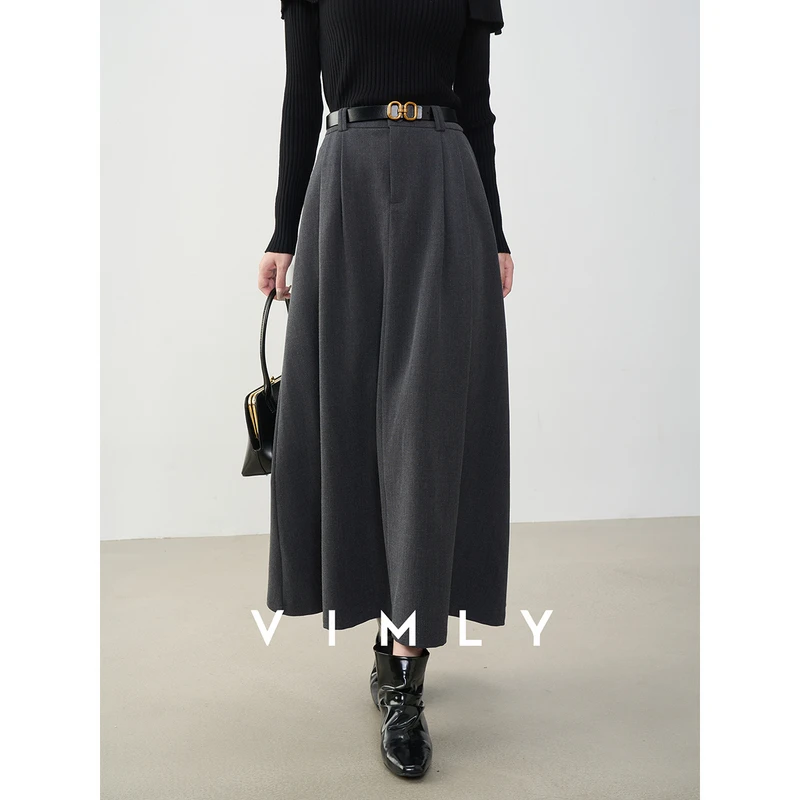

VIMLY Midi Women Skirt 2025 Autumn Office Lady Gray A-line Bud Elegant Ladies Skirt Zipper Loose Pockets Female Skirts A2202