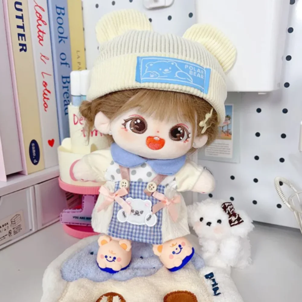 

Клетчатая юбка 10 см, хлопковая кукольная одежда, шляпа с медвежонком, пятнистый топ, одежда для куклы 20 см, наряд, милый синий комплект одежды для куклы