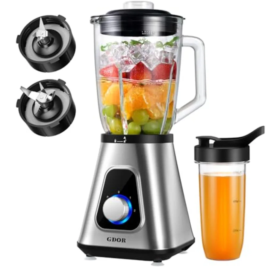 

1200W Countertop Blender for Smoothies and Shakes with 52 Oz Glass Jar 22 Oz To-Go Cup 6-Leaf Blade 3 Adjustable Speeds Frozen