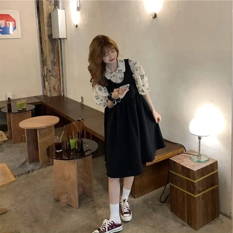 Dress Sets Women Summer Fashion Elegant Two Piece Outfit Korean Style O-neck Floral Puff Sleeve Knee-length A-line Soft Blouses