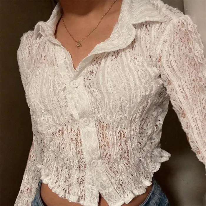 

Fashionable Lace Shirt Short Top Women Sexy Blouse Jacket Street Style Slim Fit Long Sleeve Collar Pure Color Unisex