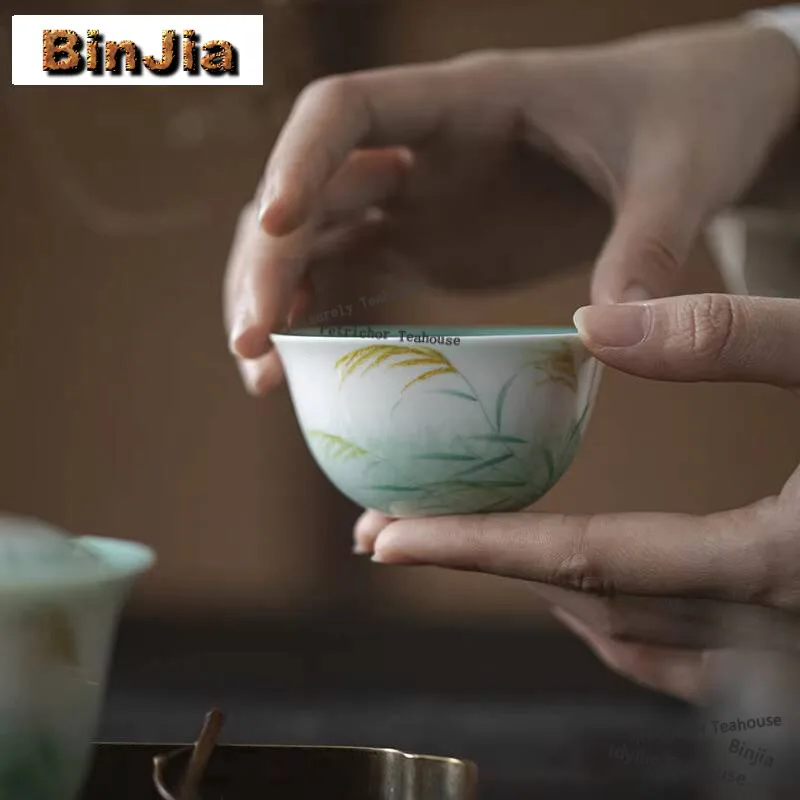 60ml Hand-painted Reed Teacup Turquoise Green Glaze Tea Bowl White Porcelain Master Cup Jade Mud Meditation Cup Kung Fu Tea Set