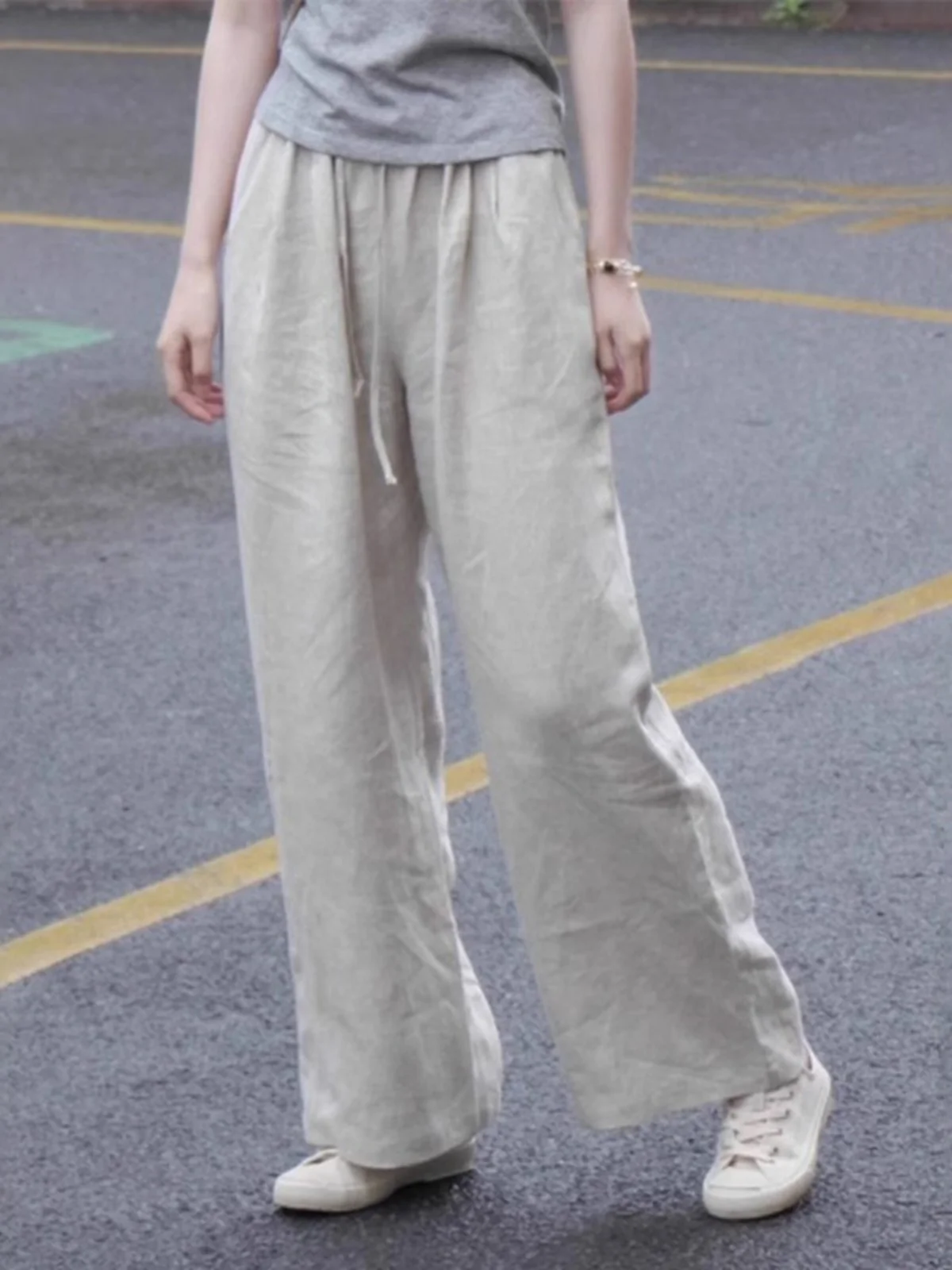 فضفاض القطن الكتان واسعة الساق تسع نقاط السراويل مستقيم قطع السراويل الطويلة للنساء Sli Agel الكورية Sle تخفيف الرياح