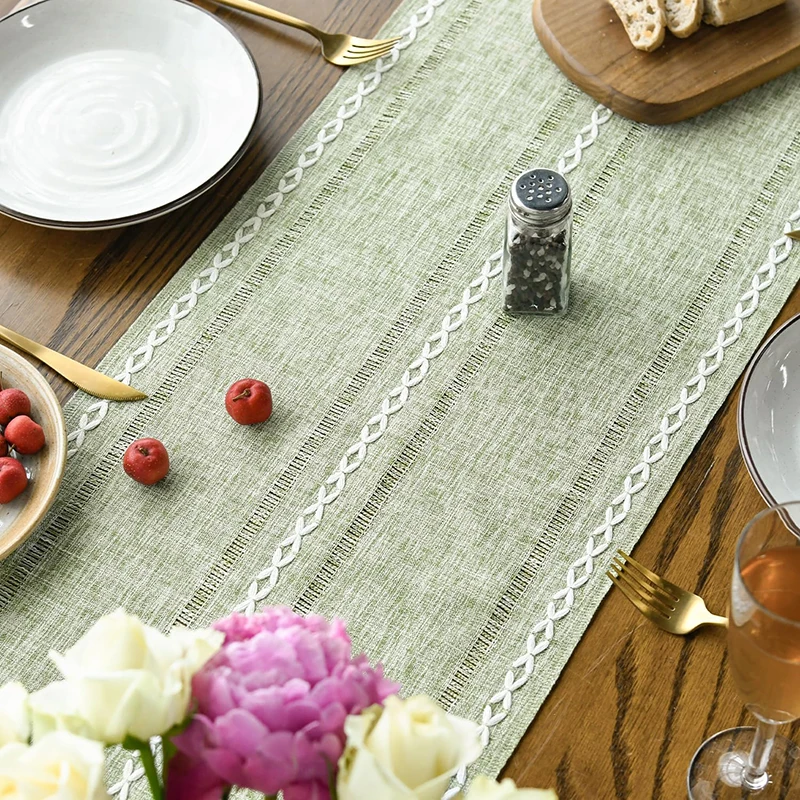 Sage Green Rustic Cotton Linen Table Runner Embroidered Hollow Table Decoration for Kitchen Dining Wedding Party Home Decoration