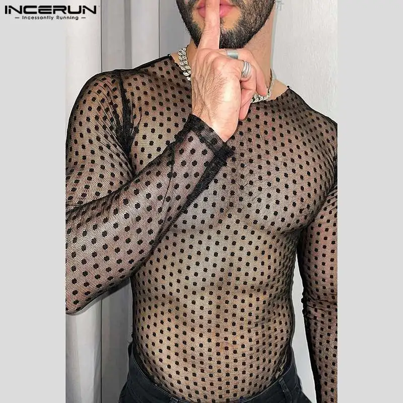 INCERUN Men T Shirt Polka Dot Printing Mesh Transparent O-neck Long Sleeve Men Clothing Streetwear 2024 Fashion Party Camisetas