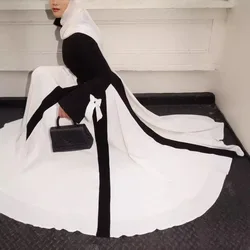 Elegant Black White Patchwork Maxi Dresses Women Fashion O-neck Long Sleeve High Waist Slim Dress New Female Evening Party Robes