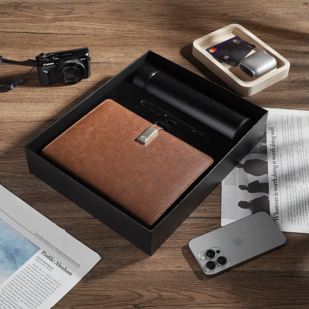 Deluxe Gift Box Brown Leather A5 Notebook with Built-in Power Bank, Calculator & 3-in-1 Charging Cable Ideal for Business