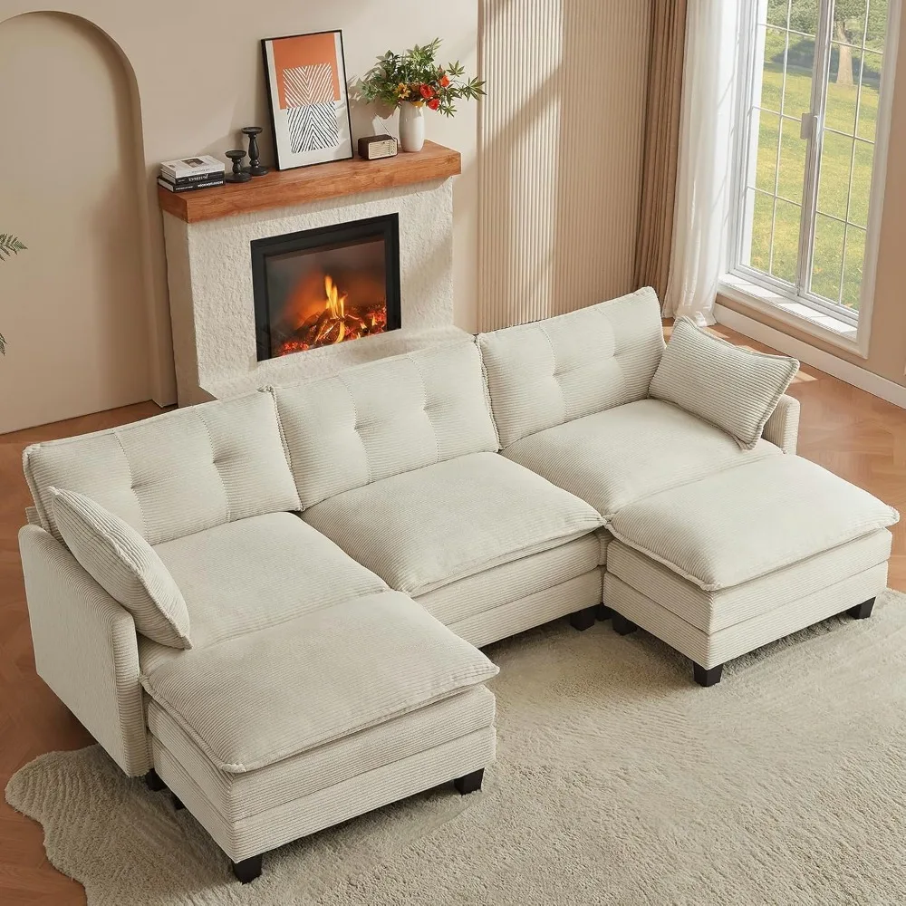 

sofa, 111.5" u-shaped corduroy comfy sectional couches for living room, 3-seater cloud couches with 2 movable