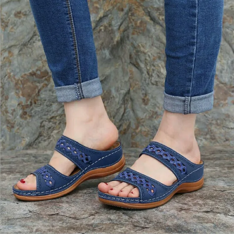 Summer Retro Wedges Slippers Women Non-slip Round Toe Comfortable Plus Size Casual Walking Beach Shoes Sandals 35-43