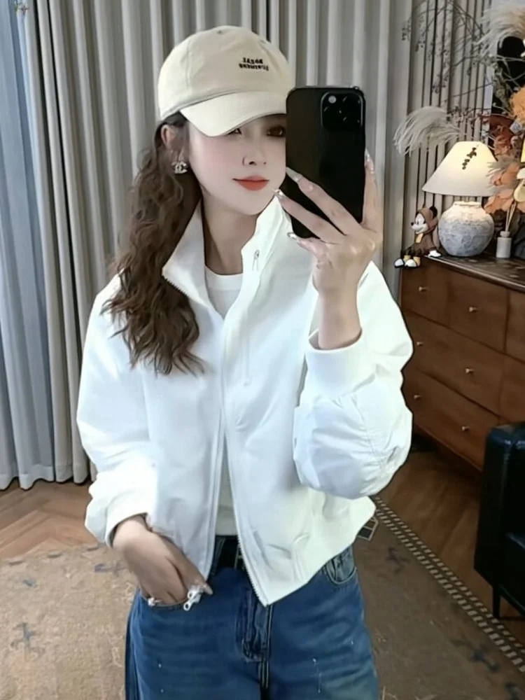 Korean Style Stand Collar Jacket Women's Spring Fashion 2026 Versatile Slimming Youthful Short Coat Zipper Closure Long Sleeve