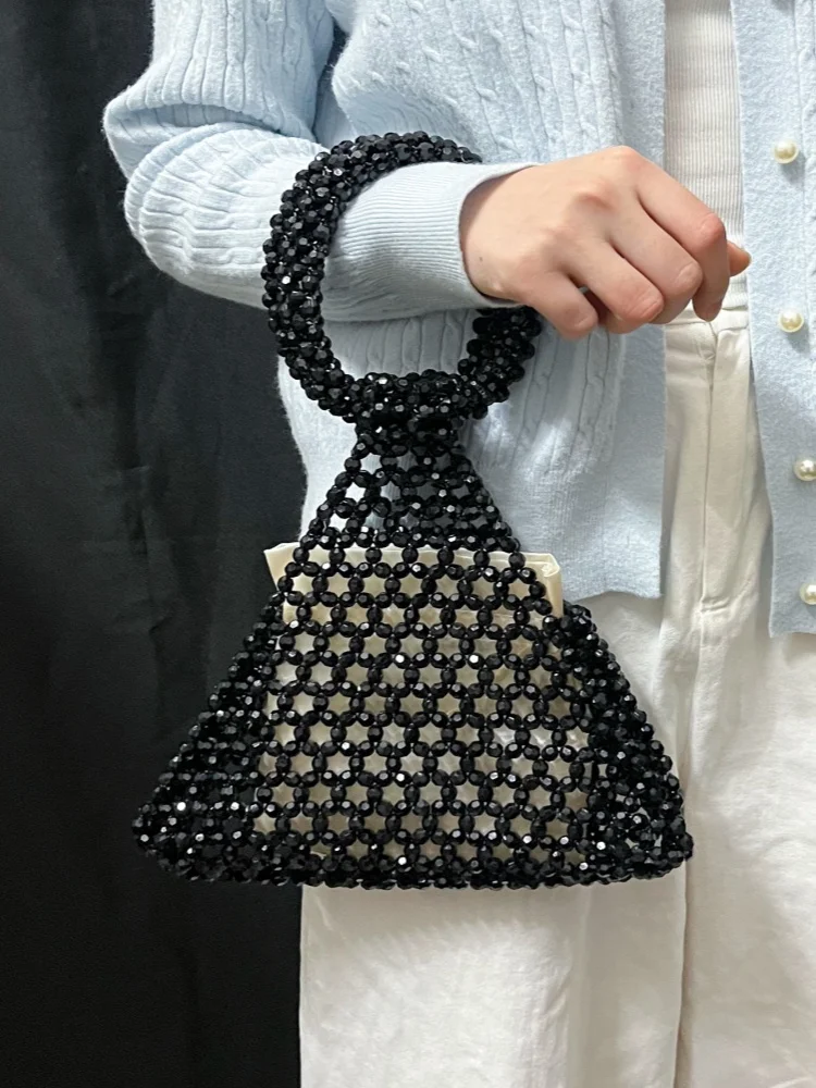 Black Handmade Bead Handbag Handcrafted Hollow Out Triangle Tote Bag Luxury Designer Women Solid Color Party Clutch Purse