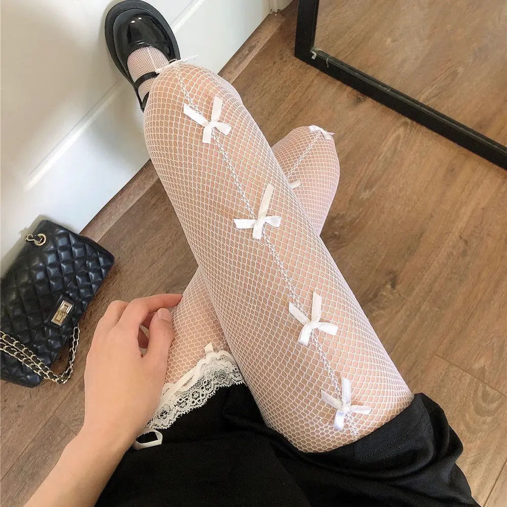 Bow Knot Fishnet Stockings Women\'s Thin Summer Sexy Loli Hollow Legs Long Tube Bottoming Silk Pantyhose Tall Cute Maid Stockings