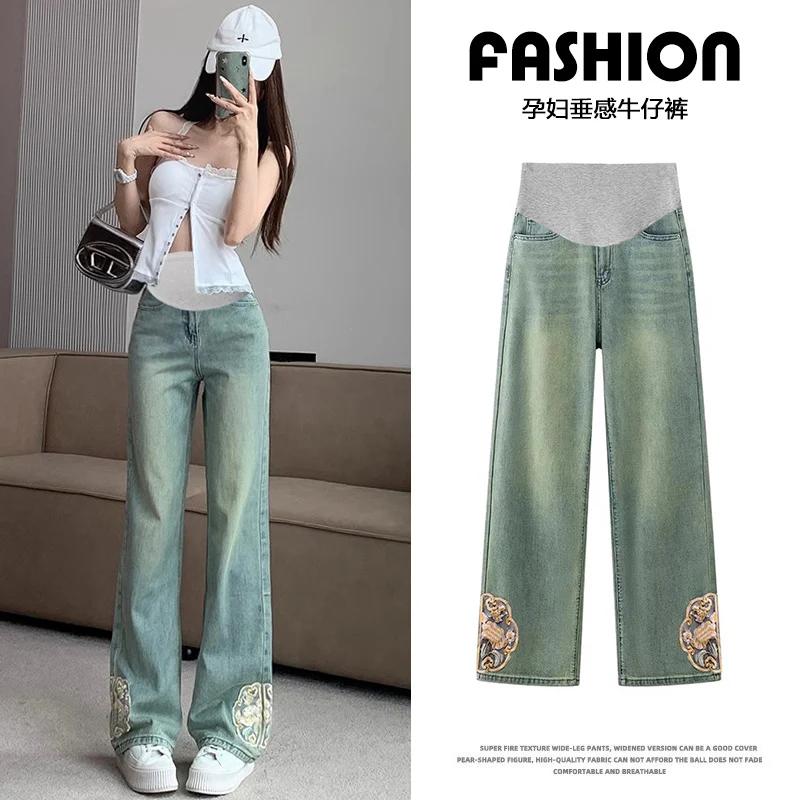 

Old Embroidery Patch Denim Maternity Long Jeans Chinese Style High Waist Belly Straight Pants for Pregnant Women Retro Pregnancy