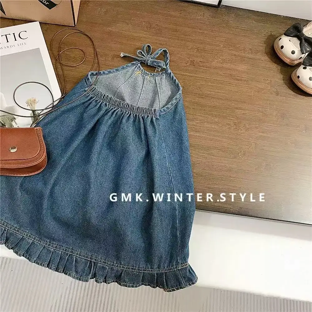 2026 Girls' Thin Denim Skirt Summer Dress Vacation Style Backless Beach Skirt Lace up Hanging Neck Vest Suspender Skirt Trendy