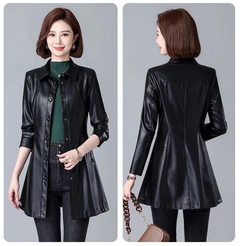 여성 가죽 양피 트렌치 코트 가을 겨울 패션 턴 다운 칼라 버튼 슬림 중간 길이 가죽 자켓 스플릿 가죽