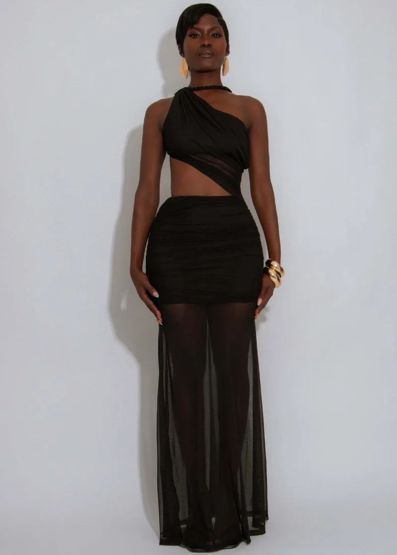 KEXU Frauen Ärmellose Eine Schulter Mesh Geraffte Cut Out Lange Maxi Kleid 2025, Streetwear Abend Geburtstag Party Kleider Vestidos