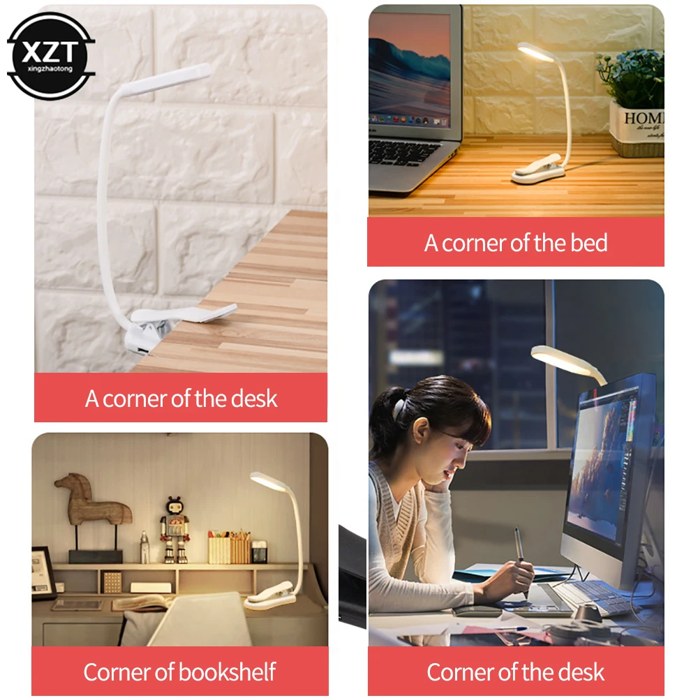 USB Rechargeable Desk Reading Light Portable Mini 7 LED Lamp 3-Level Warm Cool White Flexible Easy Clip Lamp for Night Reading