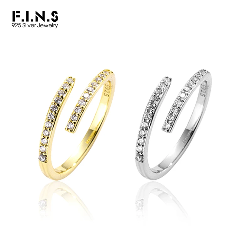 F.I.N.S Minimalist 925 Sterling Silver Gold Zircon Open Adjustable Line Ring Clear CZ Luxury Resizable Finger Fine Jewelry