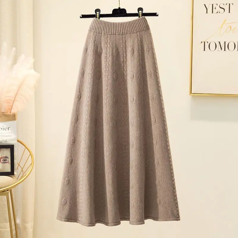 Korean Fashion Autumn/Winter Women's Solid Elastic High Waist Jacquard Weave Simplicity Slim Mid-length A-line Knitted Skirt